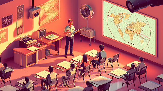 Teacher standing in a classroom with students sitting at desks looking at a world map on a screen