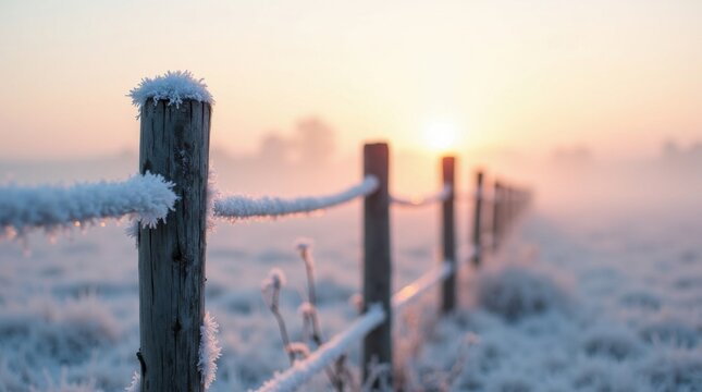 Una gruesa capa de escarcha cubre los postes de madera desgastada de una cerca en un campo rural abierto; sutil amanecer invernal en tonos pastel