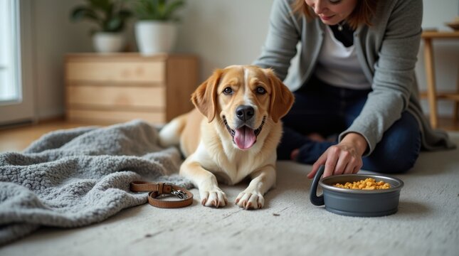 Due&ntilde;o de un perro organizando los art&iacute;culos esenciales para el viaje de su mascota