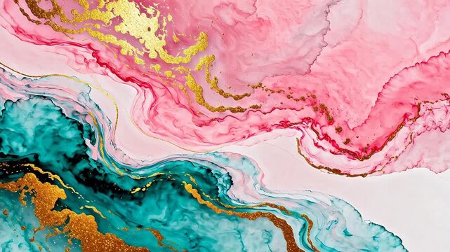 Abstract fluid art with pink teal and gold