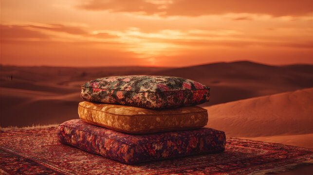 Stack of patterned floor cushions on traditional oriental rug placed in vast desert landscape during golden hour sunset with warm orange light illuminating sand dunes