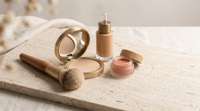 A minimalist arrangement of luxury makeup products, including foundation, powder, and blush, on a travertine tray with soft, natural lighting.
