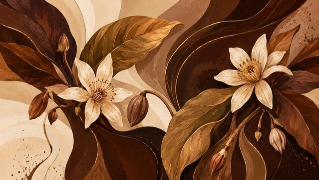 Elegant botanical illustration with cream flowers, brown leaves and flowing abstract waves in warm earthy tones. Decorative floral artwork with a modern organic style, suitable for wall art, textile d