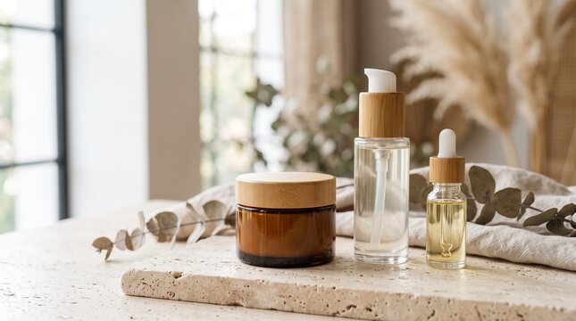 Natural skincare products with bamboo lids on a travertine stone base, featuring a cream jar, serum bottle, and oil dropper in a bright setting.
