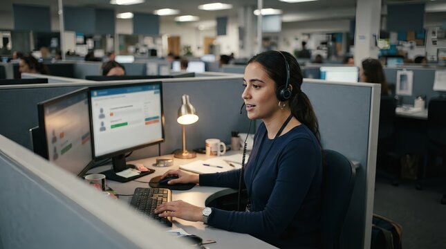 Professional woman working at computer in modern office cubicle with focused expression