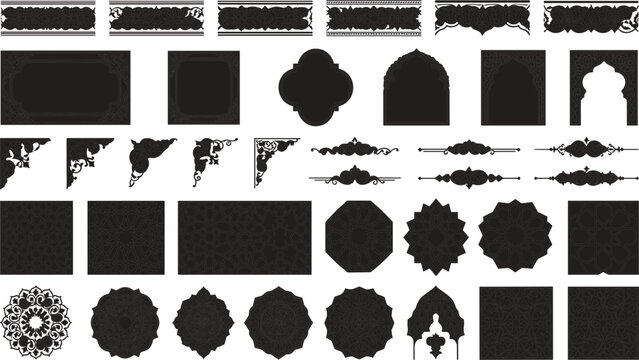 Islamic arabic architectural ornament silhouette vector set featuring isolated traditional geometric patterns borders frames corners mandalas arches and dividers