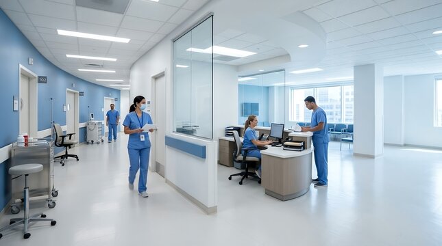 Professional medical staff working in a modern hospital corridor and reception area.