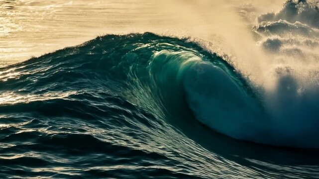 Powerful ocean wave curling with sunlight reflecting on water surface during sunset
