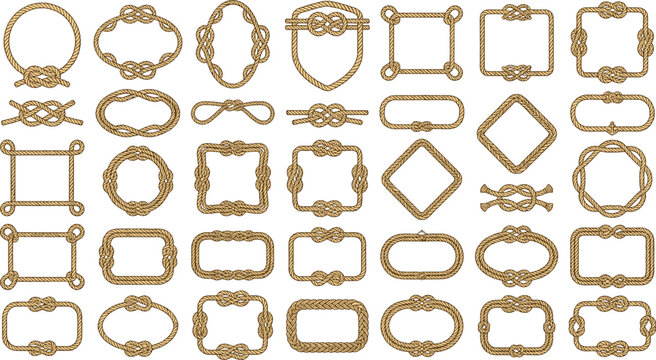 Nautical rope frame vector set featuring isolated traditional marine knots cord borders geometric badges circles and vintage seafaring decoration elements