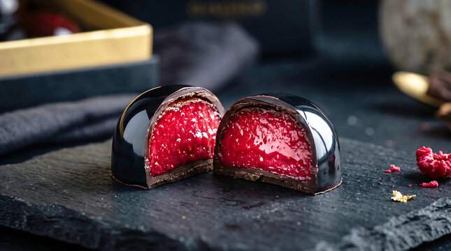 Two halves of a glossy dark chocolate bonbon filled with vibrant red raspberry ganache resting on a black slate surface under soft dramatic studio lighting