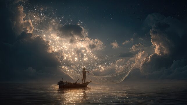 Silhouetted fisherman casts net into starry night sky