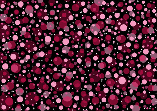 Abstract of pink, colorful circles layered on a black background for a wallpaper or for use with design layouts. 