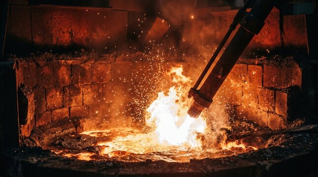 Medium shot capturing the dynamic interaction of oxygen blast with molten steel inside the furnace showcasing the fiery reaction and metal refining process.