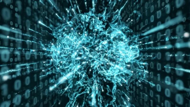 Digital data stream animation with glowing binary code numbers and abstract particles. Cyber security technology background, network information concept representing fast internet connectivity flow.