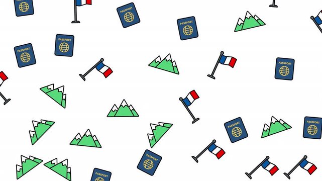 Blue french passports with green mountain peaks and small flag icons on a white blank background. Suitable for travelrelated designs.