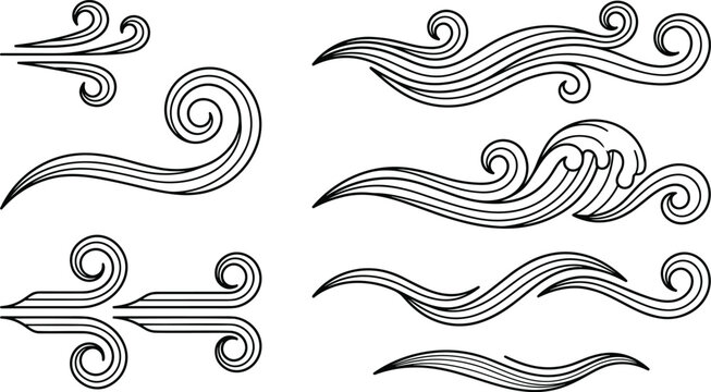 Hand drawn wind gust and ocean wave element set with oriental swirl line art vectors