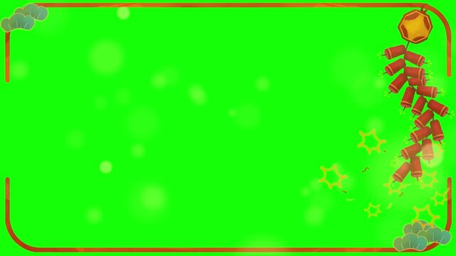 Firecrackers adorn the right side of this rectangular frame set against a bright green screen background featuring floating particles and a classic golden border for festive video projects.
