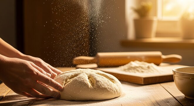 Flour Flying Through the Air During Artisan Bread Making in Rustic Bakery