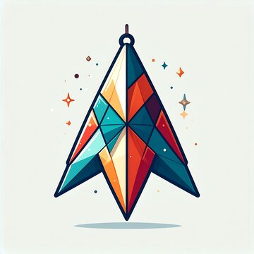 Colorful geometric kite with star patterns flying in sky.
