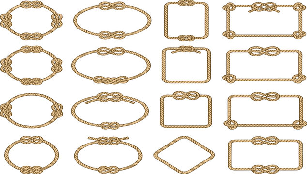 Nautical rope frame vector set featuring isolated traditional marine knots cord borders geometric badges circles and vintage seafaring decoration elements