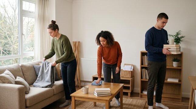 Shared living room reset by roommates in modern budget apartment