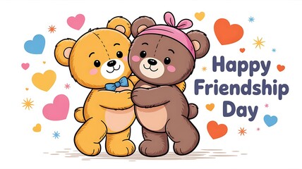 Fototapeta premium Happy friendship day illustration two teddy bears embracing with hearts