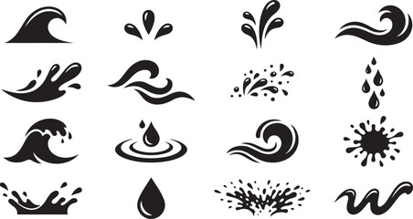 Naklejka premium Water wave splash and droplet black silhouette icon set