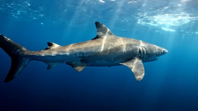 Large great white shark swimming gracefully in the deep blue ocean water, cinematic side profile shot of marine predator cruising through tropical sea under sun rays shining from the surface.