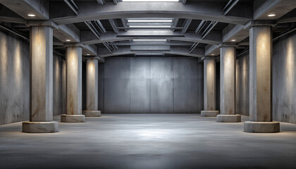 Naklejka premium Industrial Hallway An expansive, empty industrial hall with a raw concrete aesthetic, characterized by sturdy columns, exposed ceiling beams, and dramatic lighting, evoking a sense of raw.
