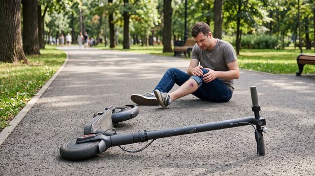 Electric scooter accident concept: Young man suffering from leg pain with a scraped knee after falling from an e-scooter on a park path