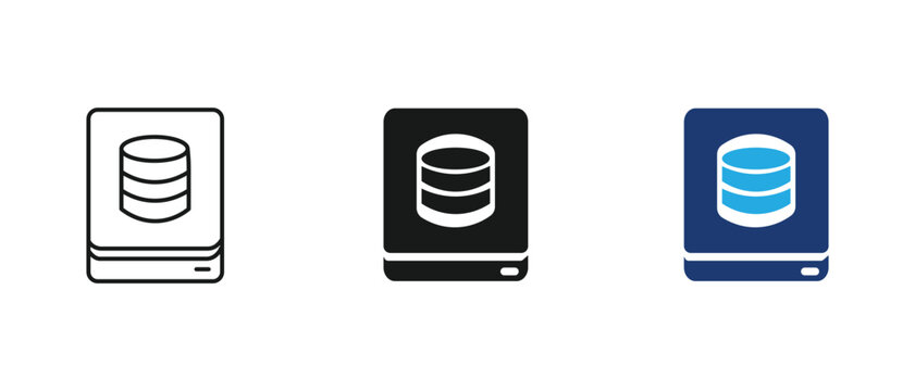 Hard drive icons, Database storage symbols, External disk labels. vector illustration