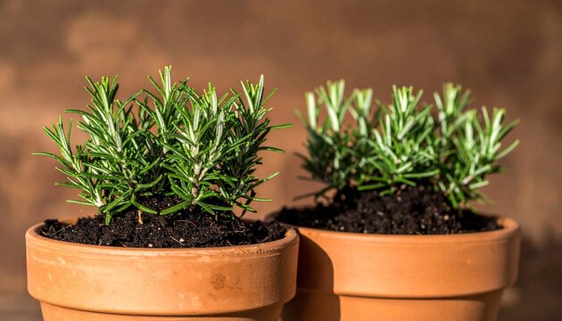 Small green potted plants on wooden surface indoors.