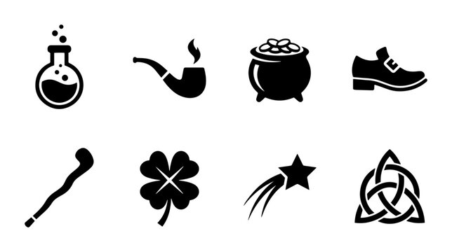 St. Patrick's Day Icons Set: Pot of Gold, Shamrock, Celtic Knot, Flask, Pipe, Shoe, Cane, Shooting Star Vector Graphics