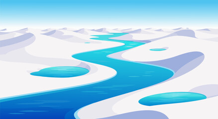 Arctic landscape vector illustration design background featuring a winding blue river flowing through vast snow covered frozen tundra plains © Purnomo Semlirick