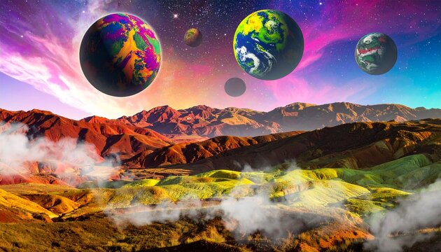 Abstract sci-fi surreal landscape with floating colorful planets and volcanic terrain sci fi landscape volcanic universe
