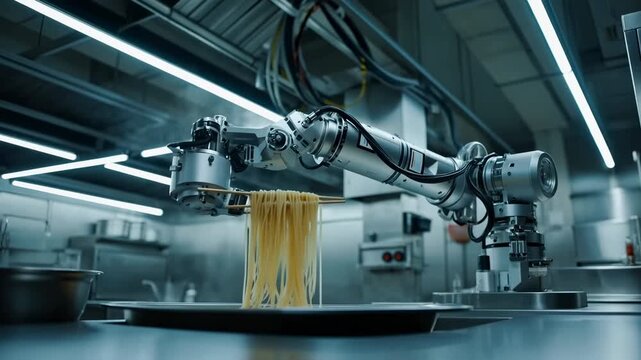 Robotic arm placing cooked pasta into stainless steel tray in commercial kitchen under cool fluorescent lighting