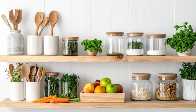 Fresh herbs and vegetables arranged on wooden shelf for cooking.