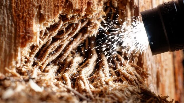 Macro closeup of flashlight illuminating termite damage inside rotting wood.