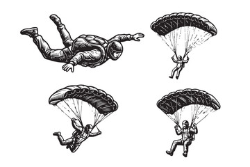 Obraz premium Collection of 4 black and white skydiver vector illustrations. Features freefalling and open parachute poses in a vintage engraving style.