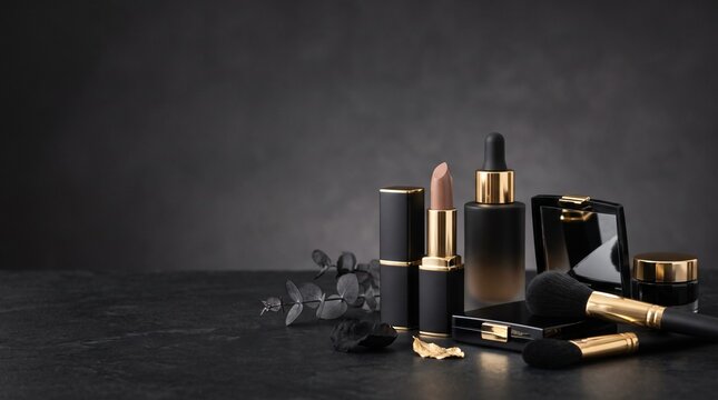 Elegant set of luxury cosmetics in black and gold packaging, including lipstick, serum, and brushes, on a dark textured background.