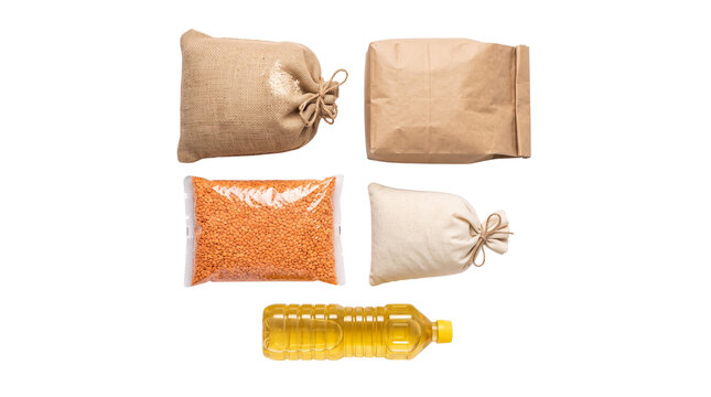 Sustainable food packaging set with burlap sacks, paper bag, plastic pouch of red lentils and cooking oil bottle for donation or grocery storage isolated PNG with Transparent Background