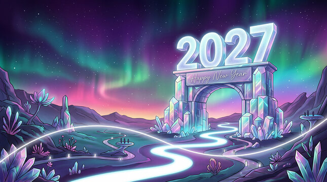 2027 Future Background, Futuristic Neon Landscape, Glowing 2027 Typography In Fantasy Sci Fi Environment With Abstract Nature Digital Horizon And Modern Technology Concept