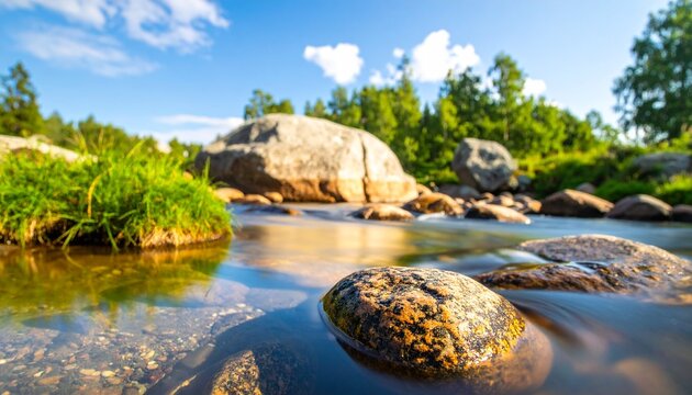 Serene river flowing through lush green forest landscape.