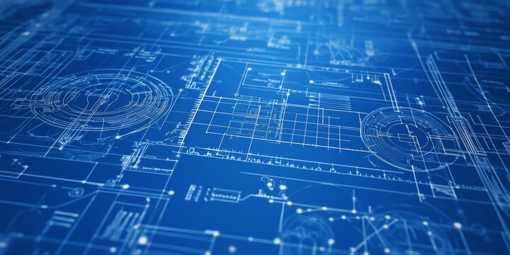Detailed abstract blue technical blueprint displaying intricate white circuit board schematics and engineering lines on a deep blue background.