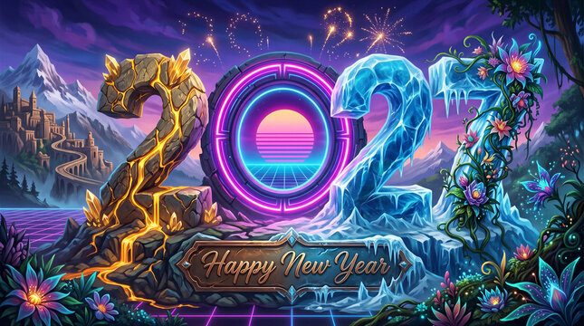 Happy New Year 2027, 2027 Celebration Background, Glowing Neon Numbers In Fantasy Winter Landscape With Aurora Mountains Fireworks And Festive Holiday Scenery