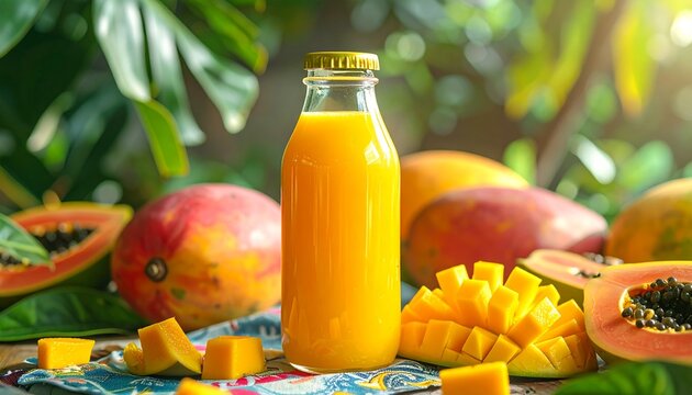 Glass bottle of fresh tropical fruit juice surrounded by ripe papaya and mango slices with tropical refreshment beverage
