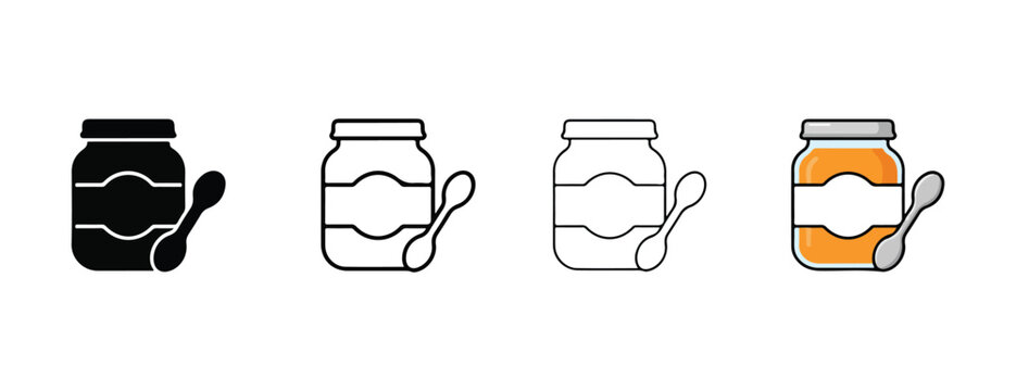 jars with spoons one black one empty one gray and one orange on white background