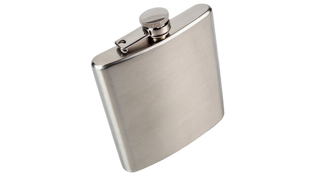 Classic metallic stainless steel pocket hip flask isolated on transparent background