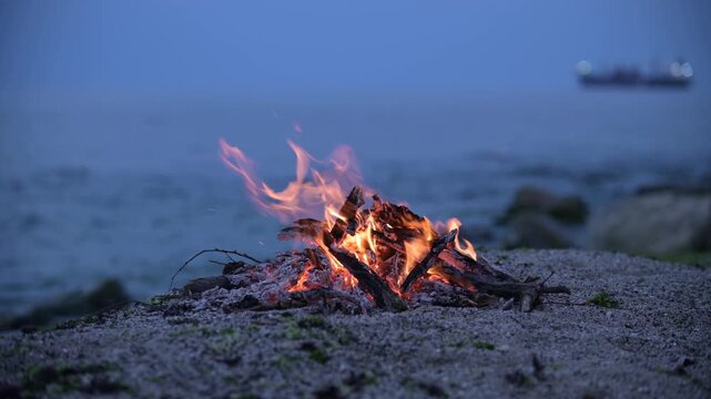 Beach bonfire with sound of ocean waves and cargo ship on the horizon at dusk