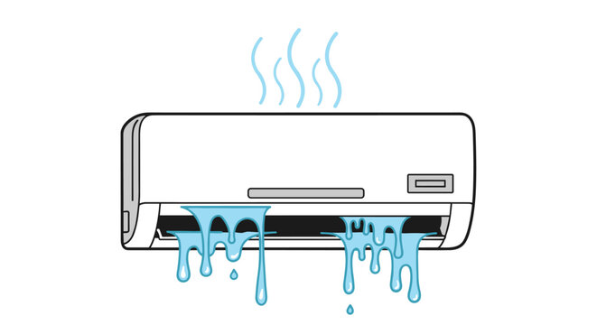 White wall-mounted air conditioning unit shows a major malfunction as large amounts of blue water leak from the bottom vents.